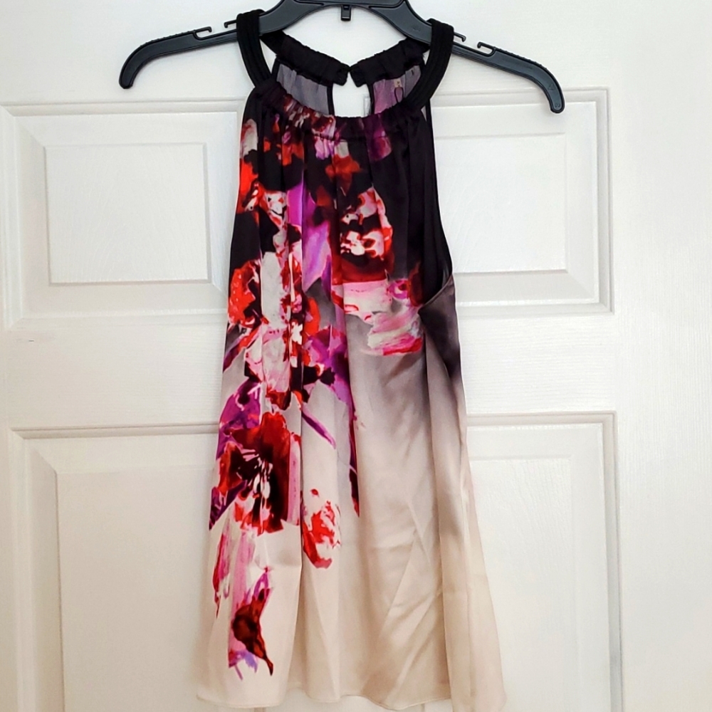 NWT Medium Silk Elie Tahari Floral Red, purple, black and white halter top